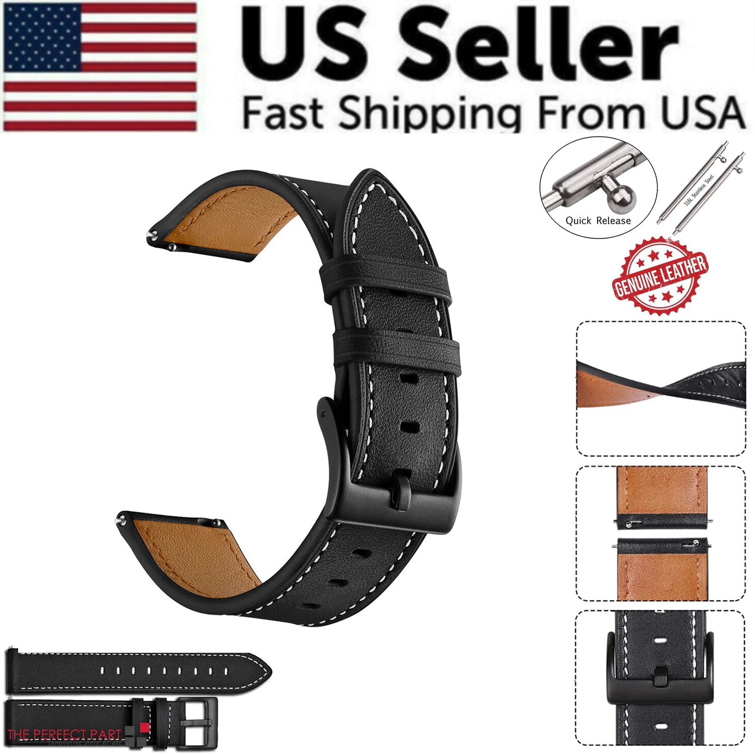 18mm 20mm 22mm Classic Genuine Leather Watch Band Strap Quick Release Wristband