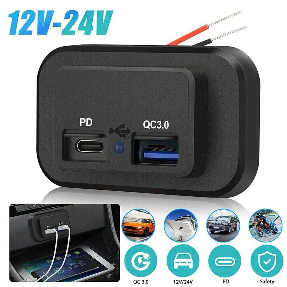 12-24V 4.8A Dual USB PD QC3.0 Car Boat RV Fast Charger Socket LED Power Outlet