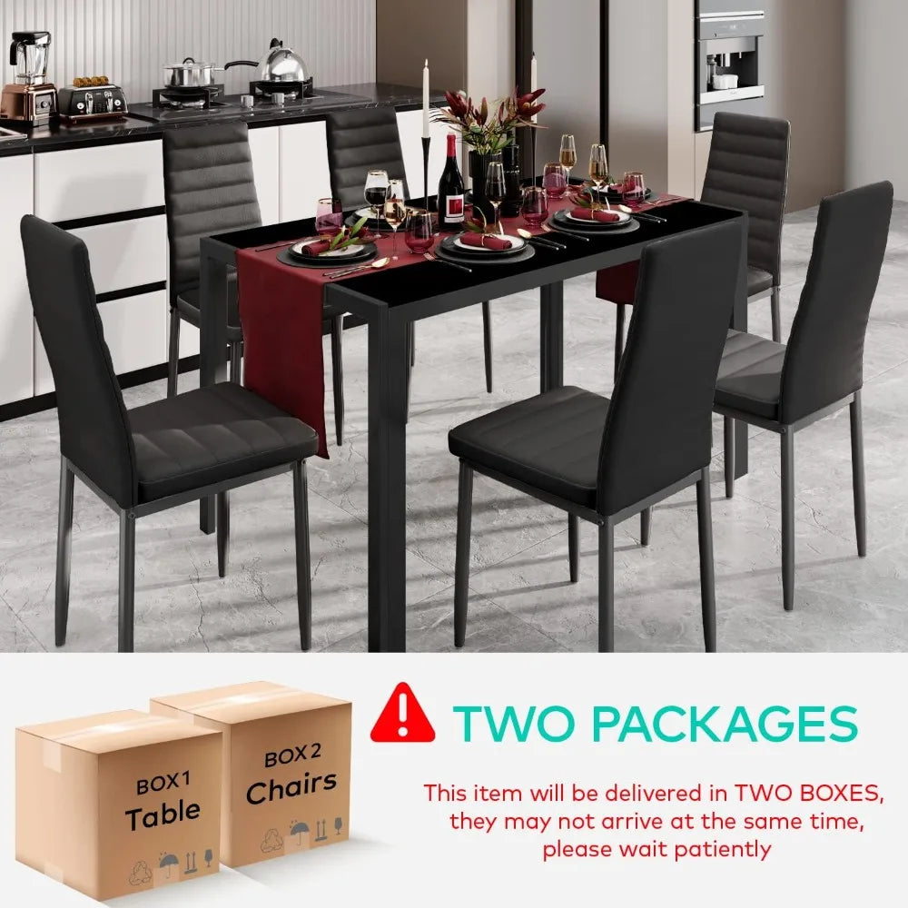 6 Person Glass Dining Table Set, 7 Piece 6 Person Kitchen Table and Chairs, PU Leather Modern Dining Room Set