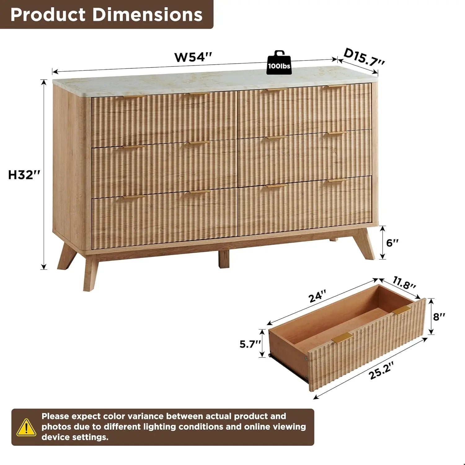 Fluted 6 Drawers Dresser 54" Wide Modern Chest Of Drawers With Faux Marble Top Curved Profile Design Dresser Natural Oak