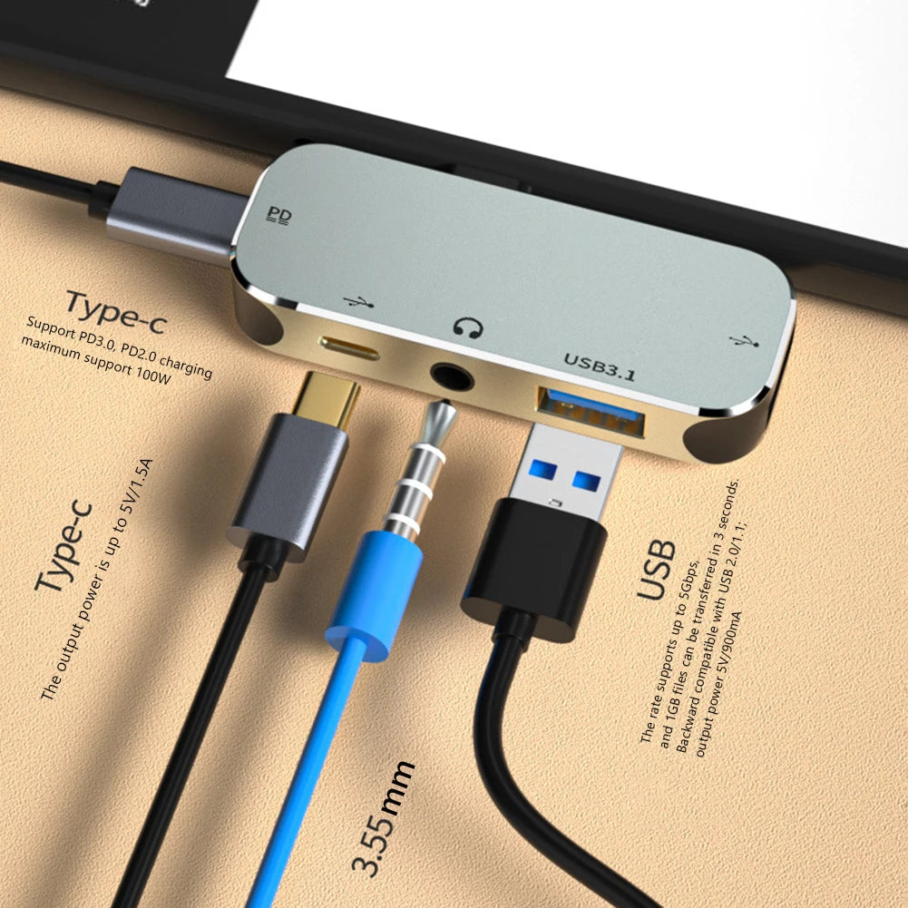 Type-C Extension Hub to 3.5 PD100W USB3.0/USB2.0/USB3.1 HDMI-Compatible Splitter