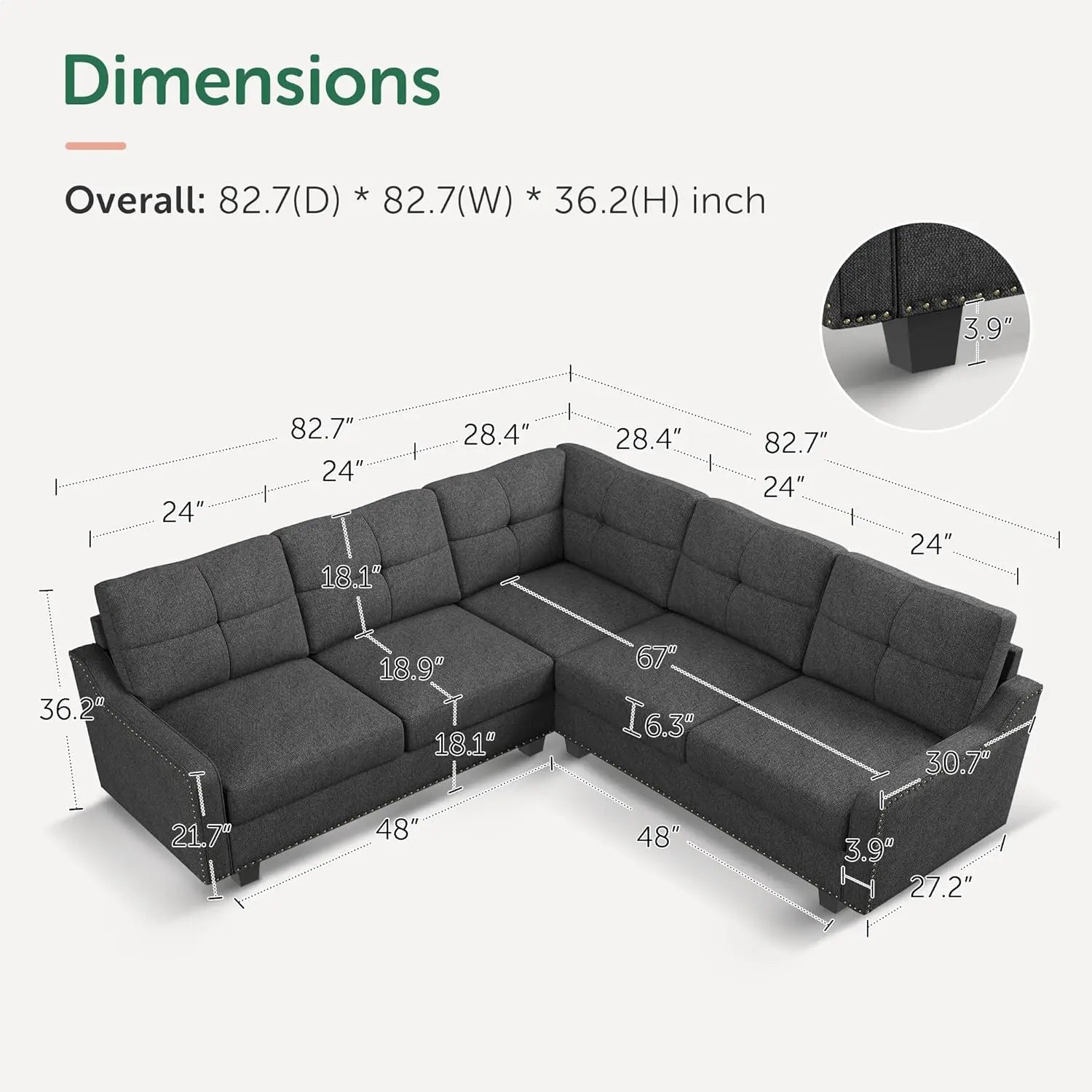 Convertible Sectional Sofa L Shaped Couch for Small Apartment Reversible Sectional Couch for Living RoomDark Grey