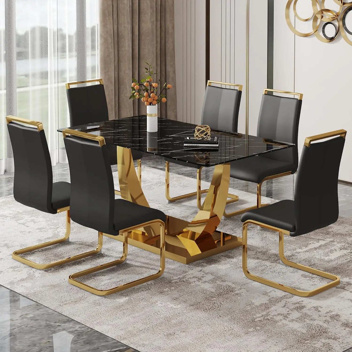 63” Dining Room Table Set for 6 Modern Gold Dining Table Set for 6 Rectangle kitchen Table Set With PU Leather Chairs Black